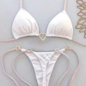 Bikini triangle à nouer, bas string, anneaux cœur dorés