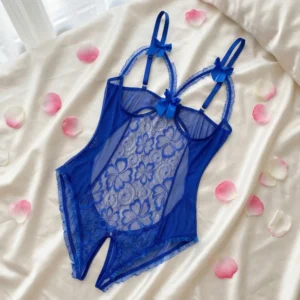 Body en dentelle et maille transparente, entrejambe ouvert, nœuds satinés