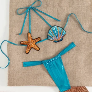 Bikini micro sirène à paillettes, cache étoile de mer et coquillage, string à nouer