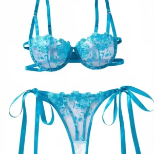 Ensemble lingerie 2 pièces en maille brodée florale, soutien-gorge à armatures et string