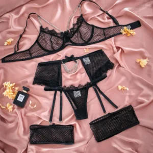 Ensemble lingerie 3 pièces en dentelle, soutien-gorge à armatures, porte-jarretelles, chaînettes