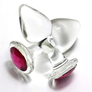 Plug anal en verre, base bijou à strass rose, surface lisse